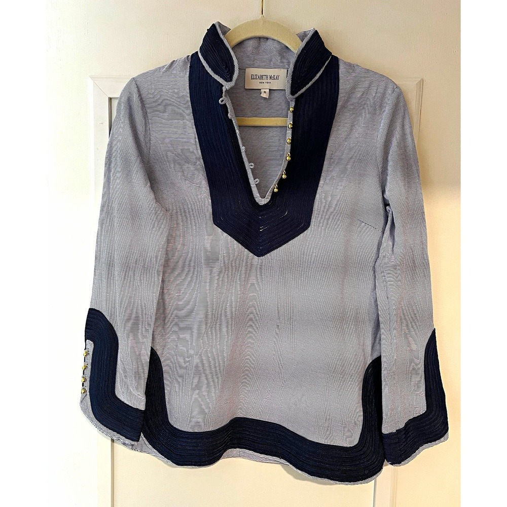 Elizabeth McKay NY Women's 6 Blue/White Striped Collared 3/4 Sleeve Blouse 38x25